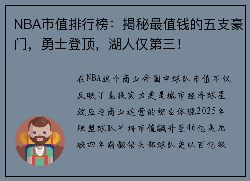 NBA市值排行榜：揭秘最值钱的五支豪门，勇士登顶，湖人仅第三！