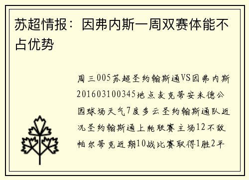 苏超情报：因弗内斯一周双赛体能不占优势