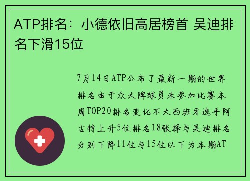 ATP排名：小德依旧高居榜首 吴迪排名下滑15位